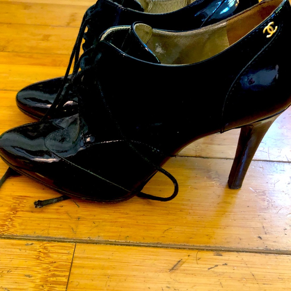COPY - Chanel Black Patent Leather Booties With Bag and Box